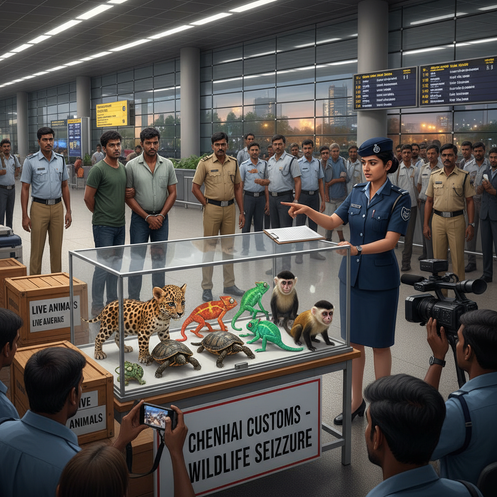 Customs Seize Eight Exotic Animals and Detain Two Passengers at Chennai Airport