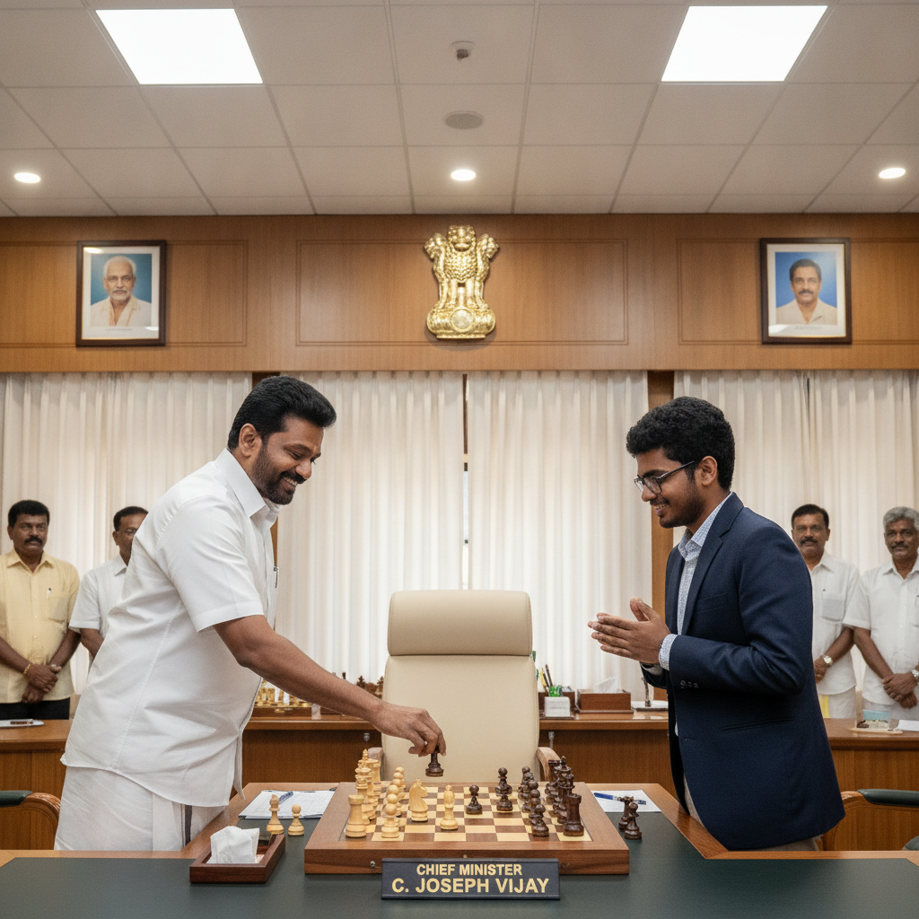 CM C Joseph Vijay Presents Rs 50 Lakh to Grandmaster R Praggnanandhaa