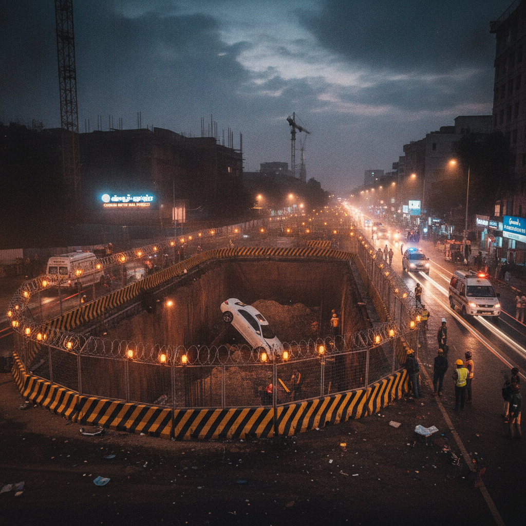 Cab Driver Escapes After Car Plunges Into Metro Construction Pit Near Nandanam